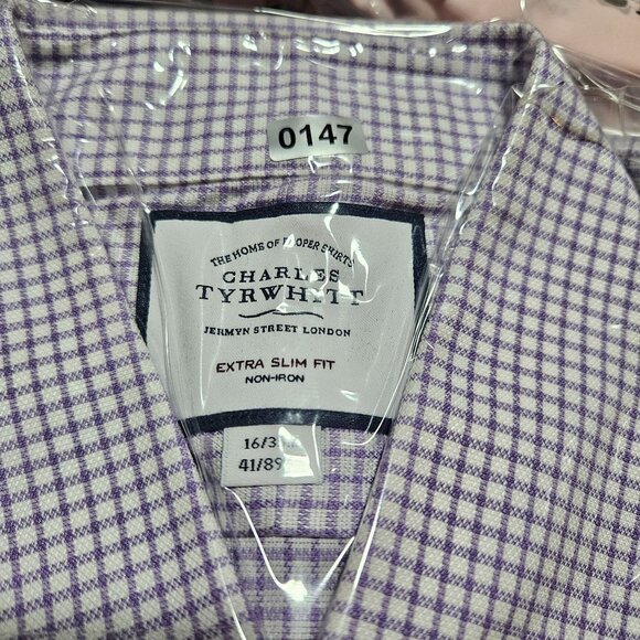 Mens Charles Tyrwhitt Purple Checkered Button-Up Dress Shirt Extra Slim Fit - Picture 12 of 12